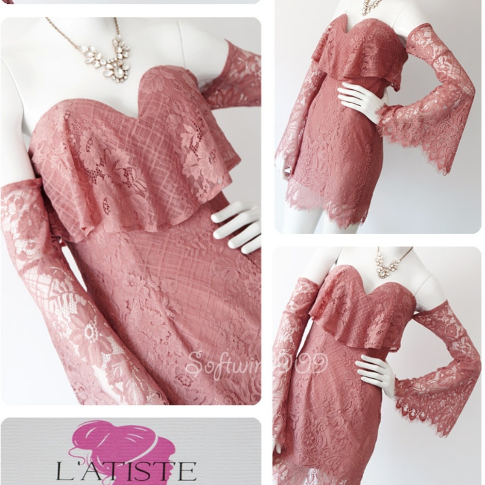 Last☝️Pink Ruffle Off Shoulder Lace Cocktail Dress - Picture 6 of 8